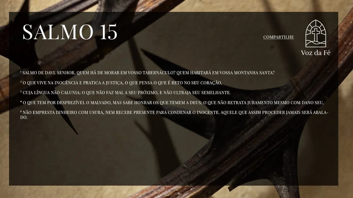 Folha de papel amarelado ao fundo e sobre ela uma coroa de espinhos e sobre o papel uma sombra projetada, Salmo 15 escrito