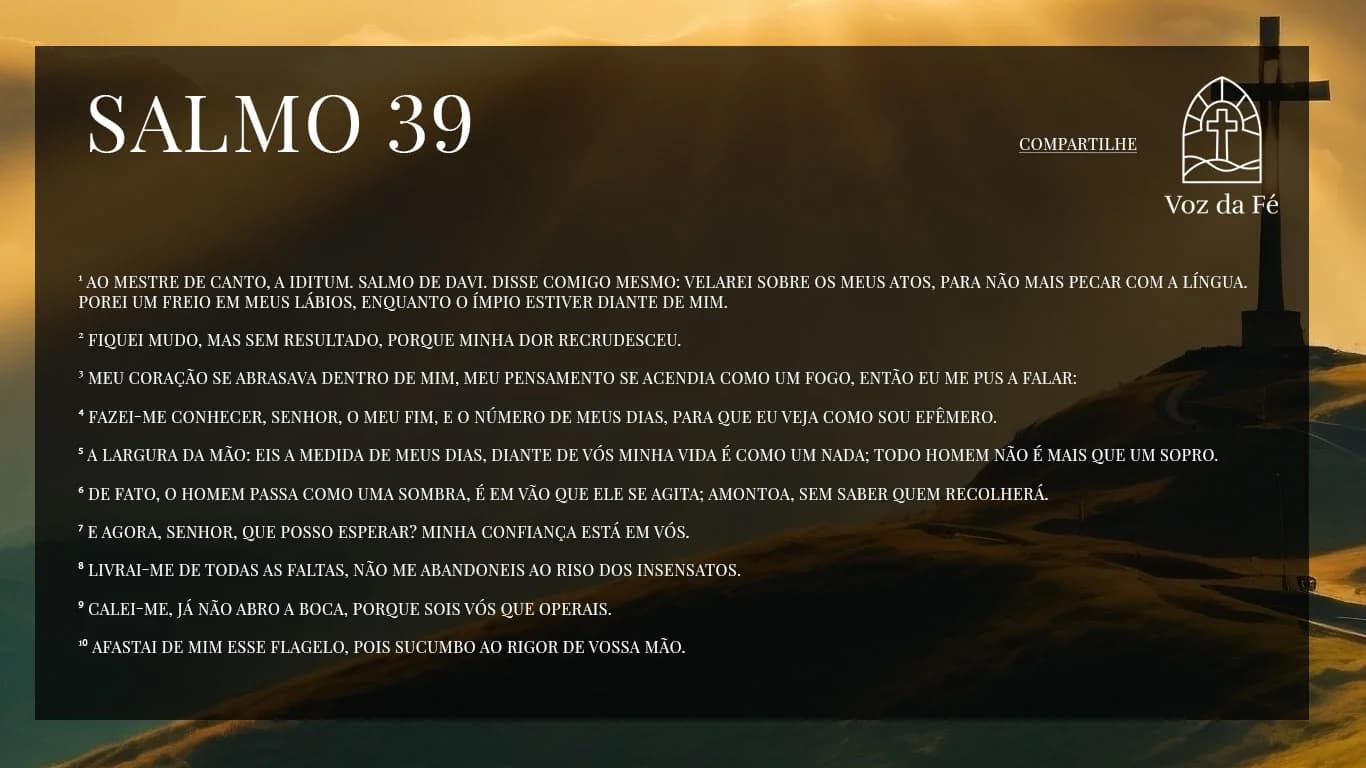 Colina verde com céu bem amarelado e vivo, ao topo uma grande Cruz vazia, ao fundo outras colinas mais baixas, Salmo 39 escrito