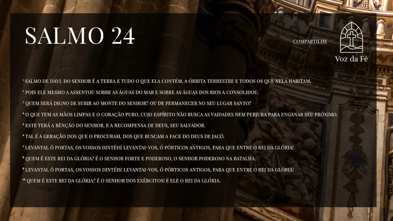 Interior de uma igreja antiga e bem cuidada e limpa, detalhes ricos nos pilares e paredes, Salmo 24 escrito