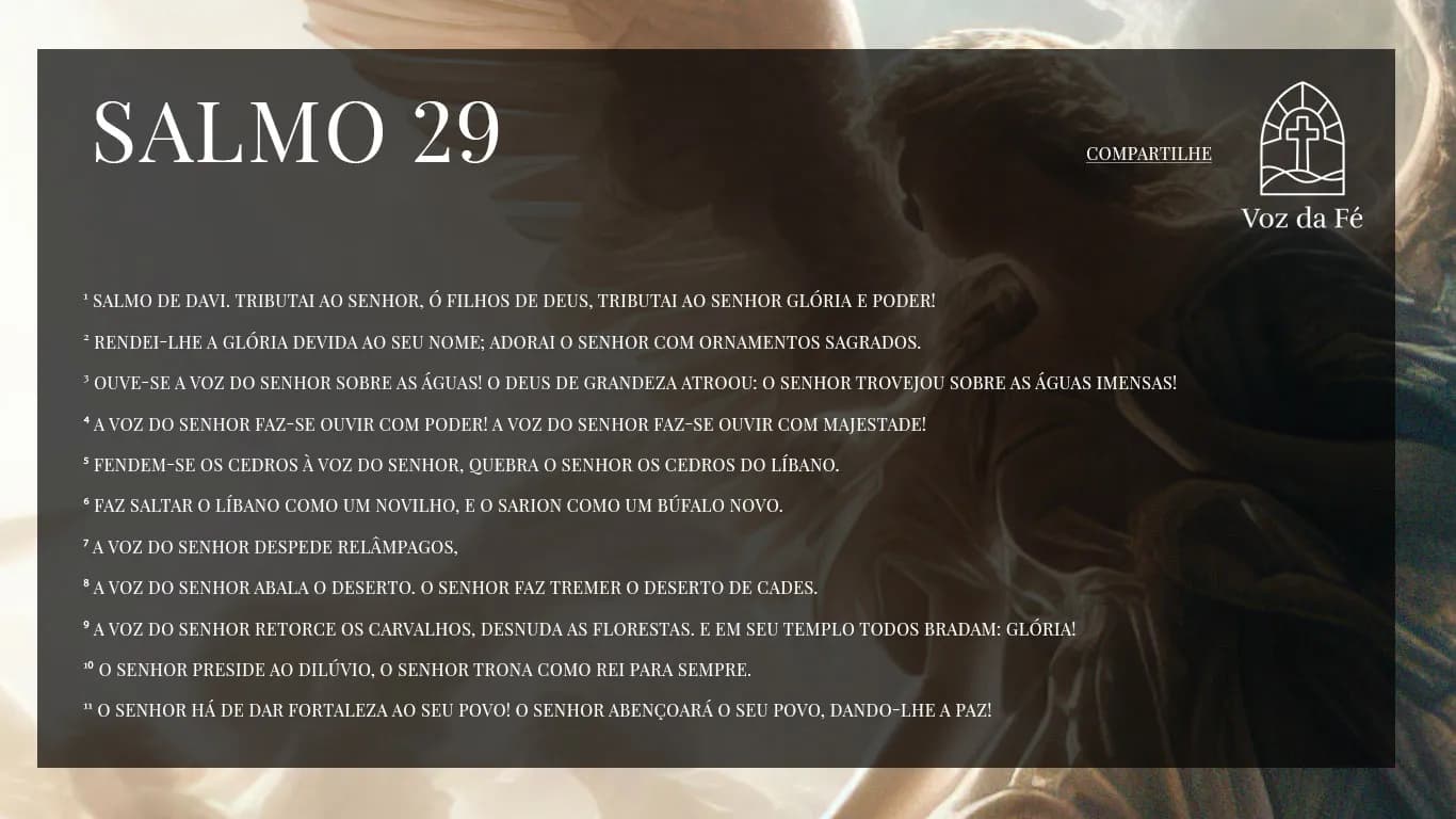 um grupo de anjos contemplando o céu, eles estão nas nuvens e estão felizes, bem iluminado e Salmo 29 escrito