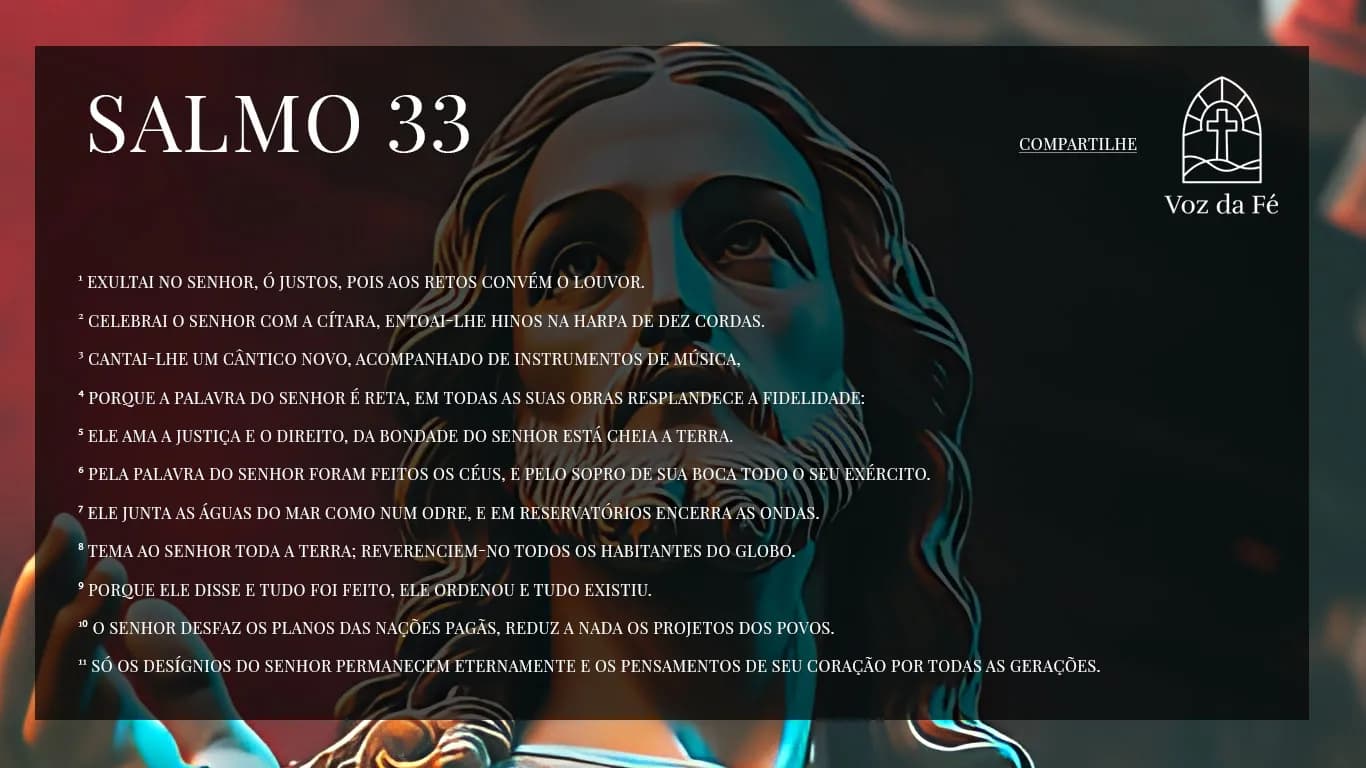 uma estatua de Jesus cristo com a mão estendida, interior de igreja com fundo vermelho no teto e amarelado também, Salmo 33 escrito