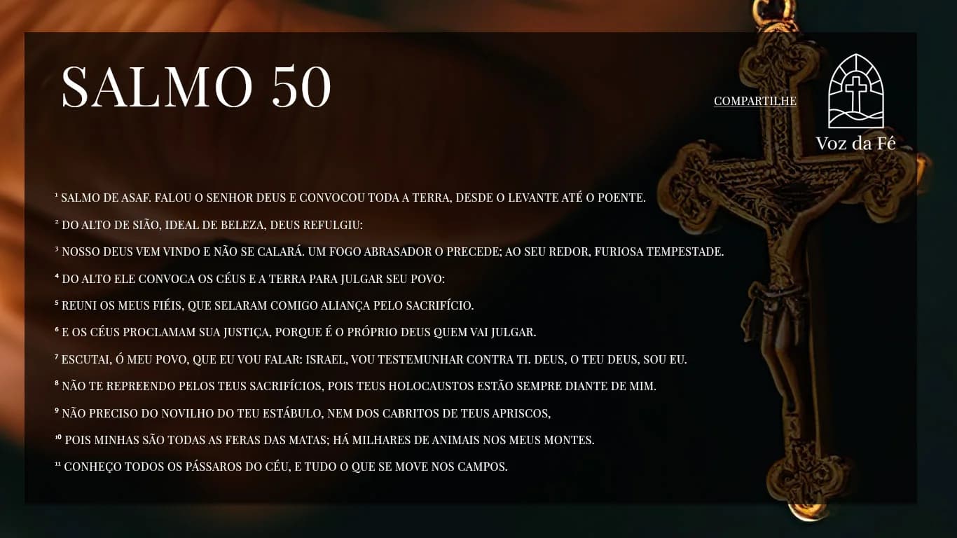 Uma mão de uma pessoa da terceira idade segurando um terço com uma cruz que tem Jesus Cristo de ouro, bem detalhado, fundo escuro, Salmo 50 escrito